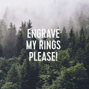 Puede incluir: Texto superpuesto sobre un fondo de bosque brumoso que dice "ENGRAVE MY RINGS PLEASE!"
