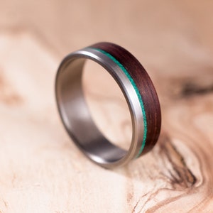 Brushed titanium and Rosewood ring and Malachite liner. Engagement ring, wedding ring. Ring for men.