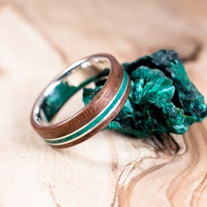 Silver and Walnut wood ring with malachite inlay. Engagement ring, wedding ring. Boho wedding ring. image 4