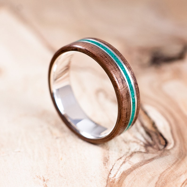 Silver and Walnut wood ring with malachite inlay. Engagement ring, wedding ring. Boho wedding ring. image 1