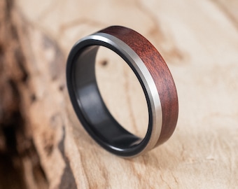 Fire-blackened titanium and Mopane wood ring. Engagement ring, wedding ring.