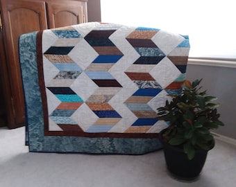 Homemade quilt full size bed quilt sofa quilt zig zag blue brown cream quilt warm quilt Christmas gift home decor