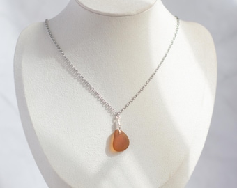 Amber sea glass necklace | Handmade recycled jewellery | stainless steel