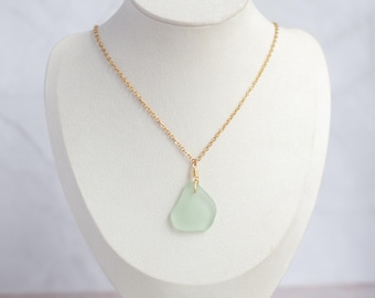 Large seafoam green sea glass necklace | Handmade recycled jewellery | gold plated stainless steel