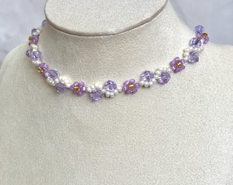 Lilac Floral Beaded Choker Necklace | Pearl Crystal Coquette Fairy Core Jewellery
