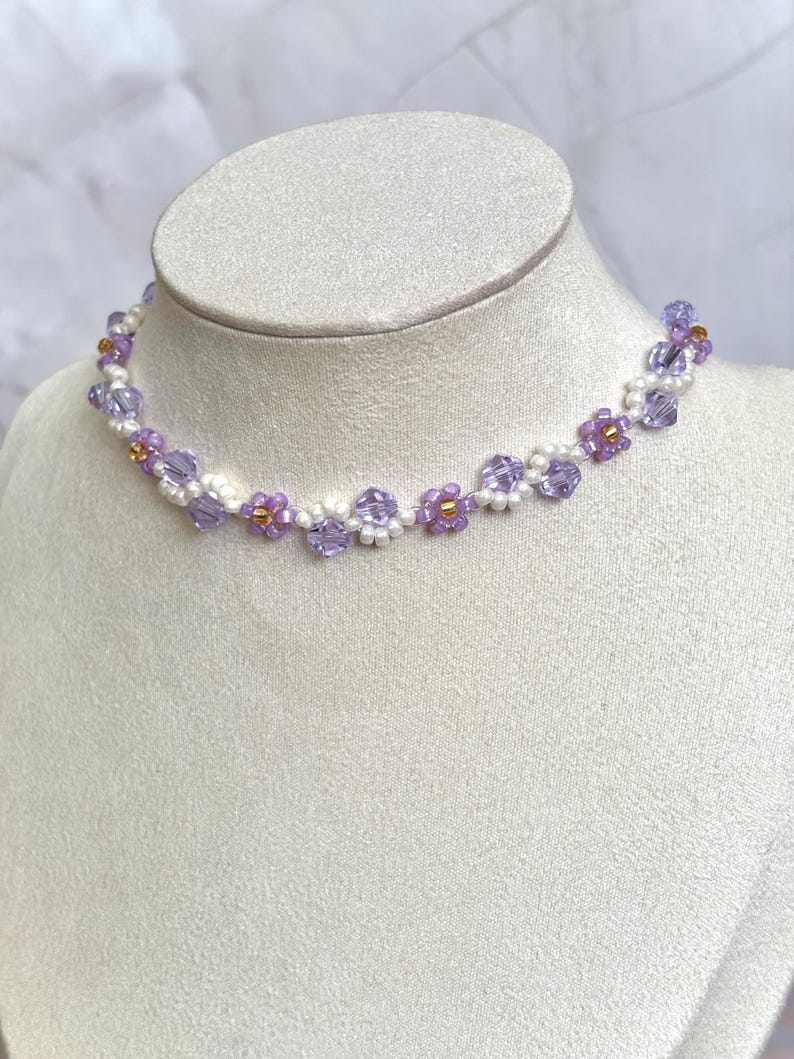 Lilac Floral Beaded Choker Necklace | Pearl Crystal Coquette Fairy Core Jewellery image 1