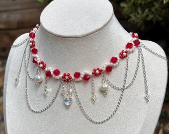 Red Crystal Pearl Choker Necklace, Swarovski Heart, Handmade Fairycore Jewellery