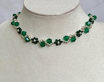 Emerald Floral Beaded Choker Necklace | Green Crystal Coquette Fairy Core Jewellery