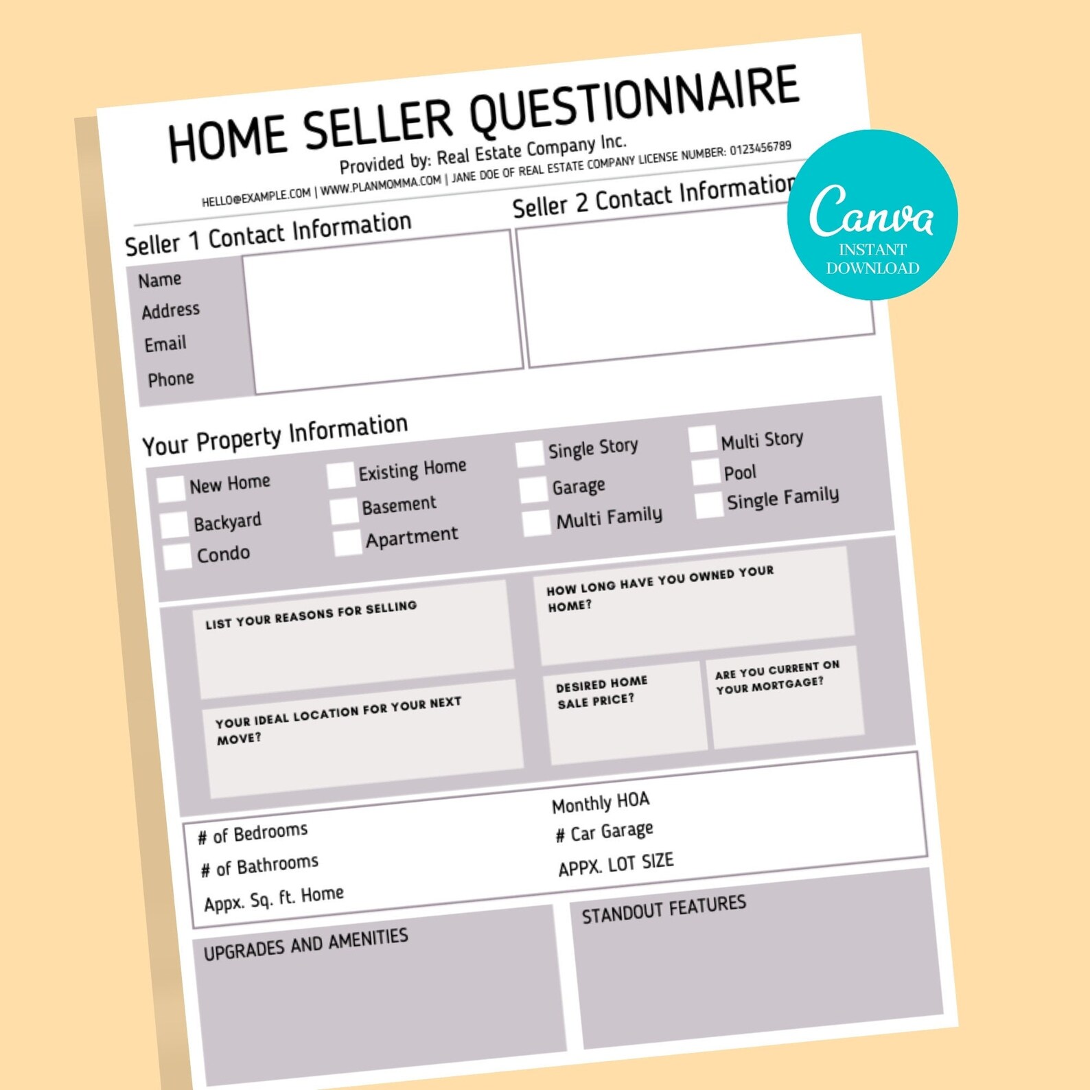 Home Seller Questionnaire Sellers Agent Flyer Sellers Agent Etsy