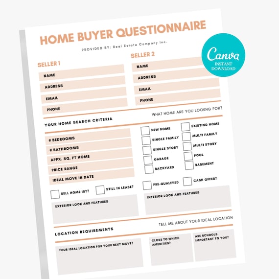 Home Buyer Real Estate Questionnaire Realtor Form Real - Etsy