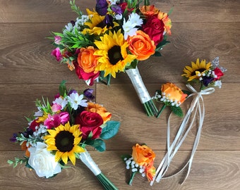 Sunflowers, roses, peonies wedding flowers, Multicolour bridal bouquet, Artificial bride bouquet, Wedding bouquet, Summer/Autumn wedding