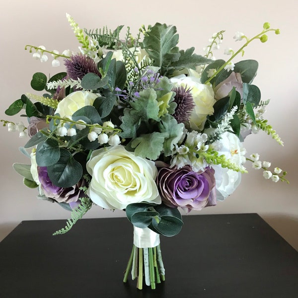 Lilac,purple,cream silk flowers and foliage wedding flowers- Handtied roses,peonies,eucalyptus bouquet, Scottish thistle, Bride bouquet