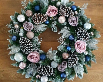 Pink, grey, navy and silver Christmas door wreath, Glitter door wreath, Winter artificial flowers wreath, Home decor, 60cm, Holiday decor