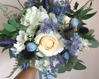 Blue and ivory wedding flowers-Hydrangea bouquet-Rose and thistle wedding bouquet, Faux flowers bride bouquet, Blue rose, Bridesmaid bouquet