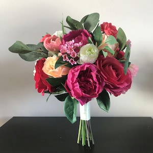 Fuchsia and coral bride bouquet, Hot pink roses and peony bouquets, Coral peach rose buttonholes and corsages, Artificial wedding bouquet