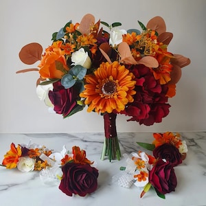 Burnt orange bouquet, Wedding bouquet and buttonholes, Autumn wedding, Burgundy and orange artificial flowers, Groom buttonhole, Bridesmaid