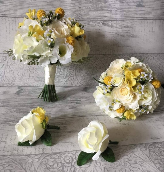 Gelber Freesien-Rosen-Strauß, künstliche elfenbeinfarbene Hochzeitsblumen