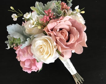 Blush pink and cream wedding flowers, Faux flowers bridesmaid bouquet, Dusty pink bride bouquet, Artificial weddi g flowers, Wedding bouquet