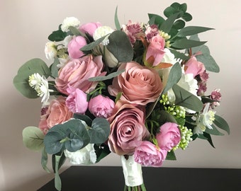 Blush pink cream bouquet- Mauve rose faux flowers bride bouquet, Vintage wedding flowers artificial, Wedding bouquet, Bridesmaid bouquet