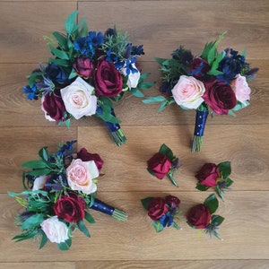Blush, burgundy and navy artificial wedding flowers,Thistle, Bride bouquet, Faux wedding flowers, Wedding bouquet, Bridesmaid bouquet