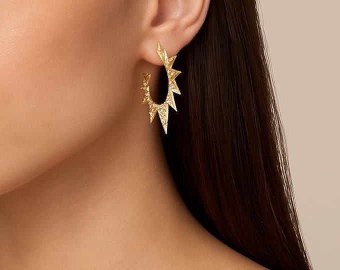 Pavé Spike Hoop Earrings | Boss Hoops | 1.38" CZ Spike Hoops | 18k Gold Plated or Silver | Bold Statement Earrings