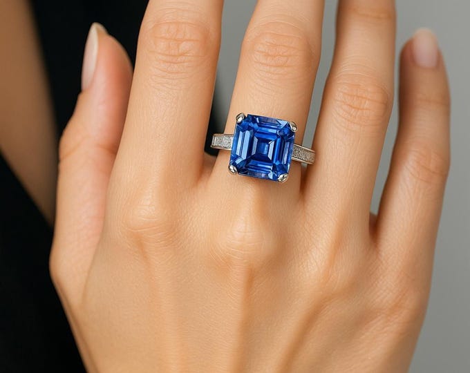 Asscher Cut Sapphire Ring | 5.62ct Lab Sapphire | 18K White Gold Plated Sterling Silver | Engagement Ring | Anniversary Ring | Made to Order