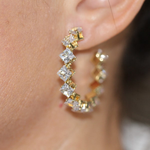 Brilliance Hoop Earrings • Simulated Diamond Hoop Earrings • 14K Gold Plated Hoops • Gold Hoop Earrings