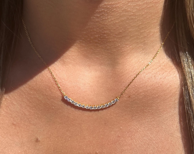Elena Moissanite Diamond Bar Necklace, 0.9ct Curved Bar Pendant, 18k Gold Plated Sterling Silver, Minimalist Sparkle Layering Necklace