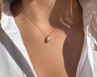 Riley Pear Cut Moissanite Diamond Necklace | 1 Carat Teardrop Pendant in 18k Gold Plated Sterling Silver | Dainty Bridal Gift