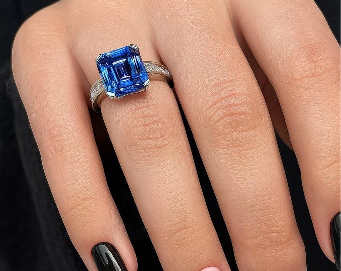 Asscher Cut Lab Sapphire Ring | 5.62ct | 18K White Gold Plated Sterling Silver | Engagement, Anniversary or Statement Ring | Made to Order