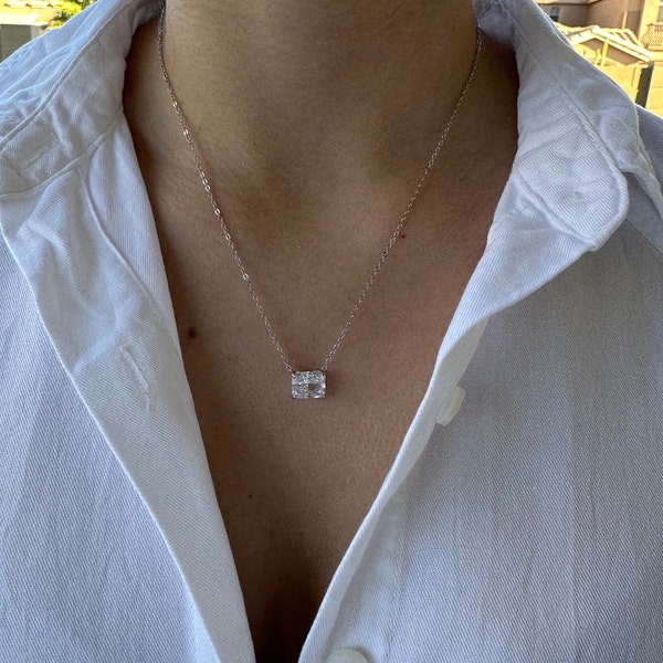 4CT East West Radiant Cut Pendant Necklace • 925 Sterling Silver • 4 CT Crushed Ice Pendant • Radiant Cut High Carbon Diamond Necklace