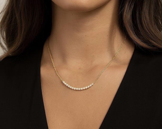 Elena Moissanite Diamond Bar Necklace | 0.9ct Curved Pendant | 18k Gold Plated Sterling Silver | Minimalist Layering Jewelry