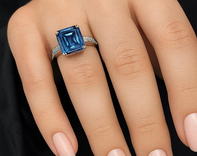 Asscher Cut Lab Sapphire Ring | 5.62ct | 18K White Gold Plated Sterling Silver | Engagement, Anniversary or Statement Ring | Made to Order