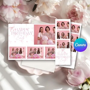 Mall för fotoautomat för Coquette-födelsedag | Rosa rosetter, redigerbar i Canva (digital nedladdning)