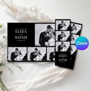 May include: Black and white wedding invitation featuring a photo collage of a couple. The text "The Wedding of Eliza and Noah" is displayed in a minimalist font. The date is also included. A Canva logo is visible.