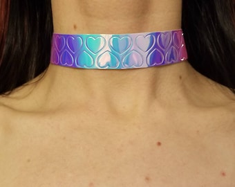 Iridescent heart printed choker necklace thin or wide band