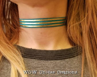 Jade and gold striped choker, striped chokers, stripes, striped shirts, gold and jade, blue and gold, unique chokers, gifts for her