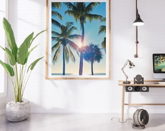 Vintage palmboomfotografieprint, kustmuurkunst (digitale download)