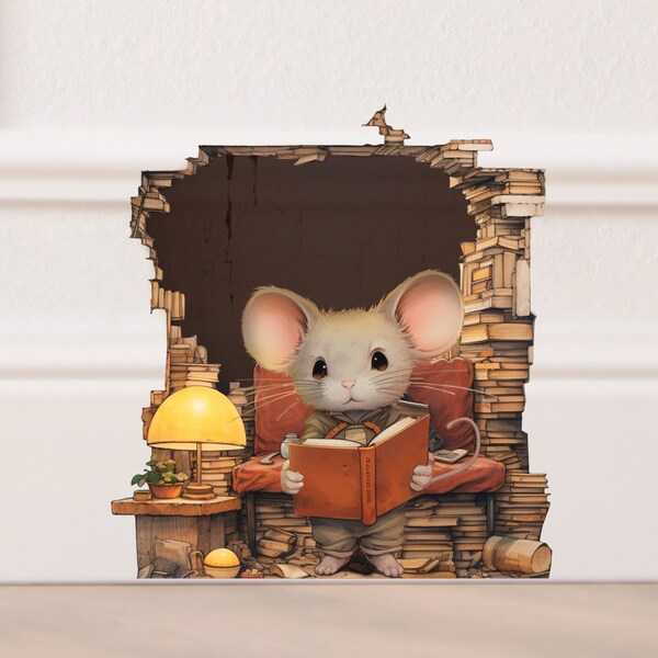 Wine & Book Mouse Hole Wall Decal - 3D Peel & Stick Wall Sticker For Home Decor