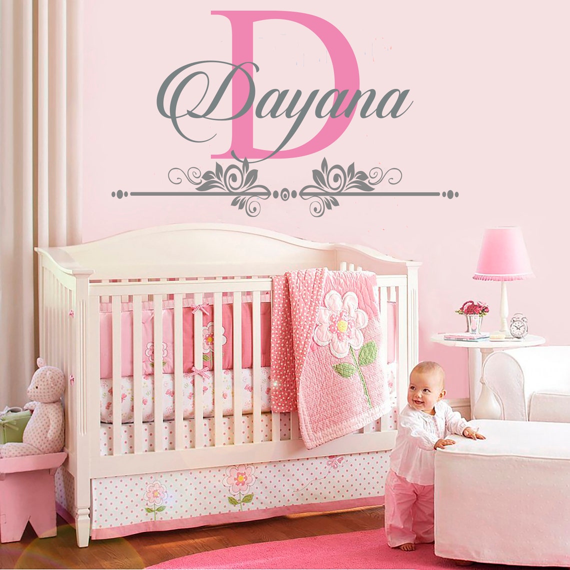 Custom Name and Initial Wall Decal Nursery Baby Girl Etsy