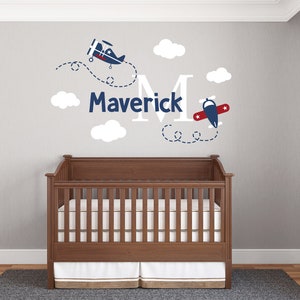 Personalized Decal Name & Initial Cute Airplanes and Clouds - Custom Decal for Kids Romm - Nursery Wall Decal - Custom Vinyl Decal