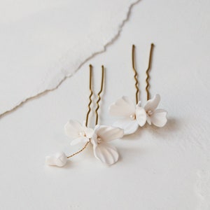 White Floral Hair Pins Set of 2 delicate off white flowers with a tiny flower bud image 2