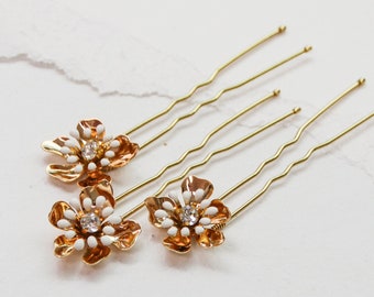Gold Floral Hair Pins (Set of 3) | gilded flowers with rhinestone centers and white enamel stamen