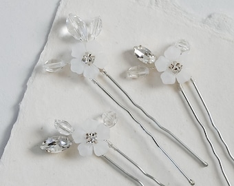 Frosted Hibiscus Flower Hair Pin Set (Set of 3 Hair Pins) | Rhinestone and Crystal Embellished Bridal Hair Accessories