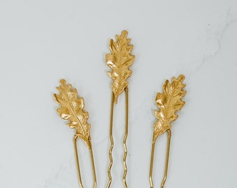 Mini Gold Oak Leaf Hair Pins (Set of 3) | Woodland Inspired Branch and Leaf Wedding Hair Accessories