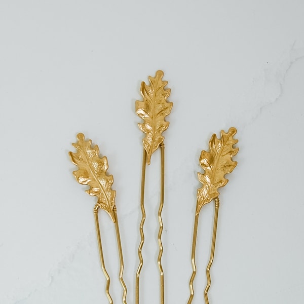 Mini Gold Oak Leaf Hair Pins (Set of 3) | Woodland Inspired Branch and Leaf Wedding Hair Accessories