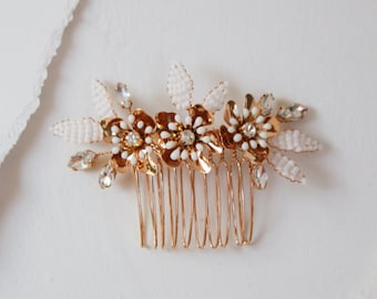 Gold Floral Hair Comb | decorative bridal hair slide with chrome gold flowers, rhinestones, and white glass beaded leaves
