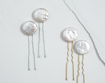 Wide Flat Disc Pearl Hair Pins (Set of 2) | Simple and Modern Wedding Accessories | Bridesmaid & Bridal Hair Pins