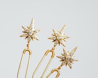 STARBURST | Trio of Celestial Hair Pins (Set of 3 Hair Pins; Gold) | Art deco styled hair pins for bridal up-dos