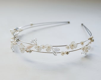 Scattered Floral Double Row Statement Headband | Simple and Modern Wedding Accessories | Bridesmaid & Bridal Tiaras and Crowns